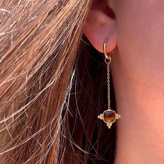 Tigers Eye Gemstone Earrings Nov birthstone with chain on Gold plated hoops