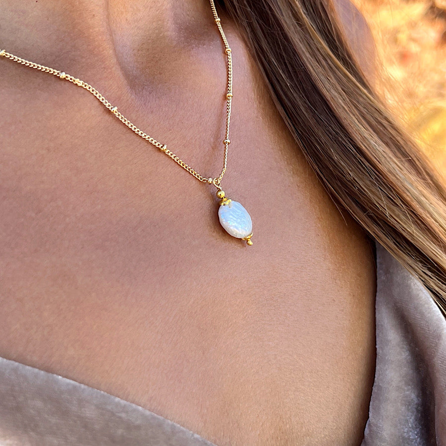 Freshwater Pearl charm on gold plated satellite chain necklace