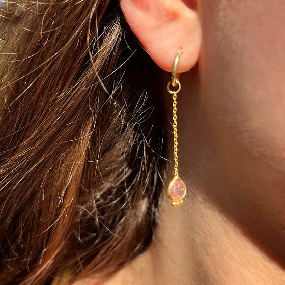 Strawberry Quartz Gemstone Earrings Oct birthstone with chain on Gold plated loops