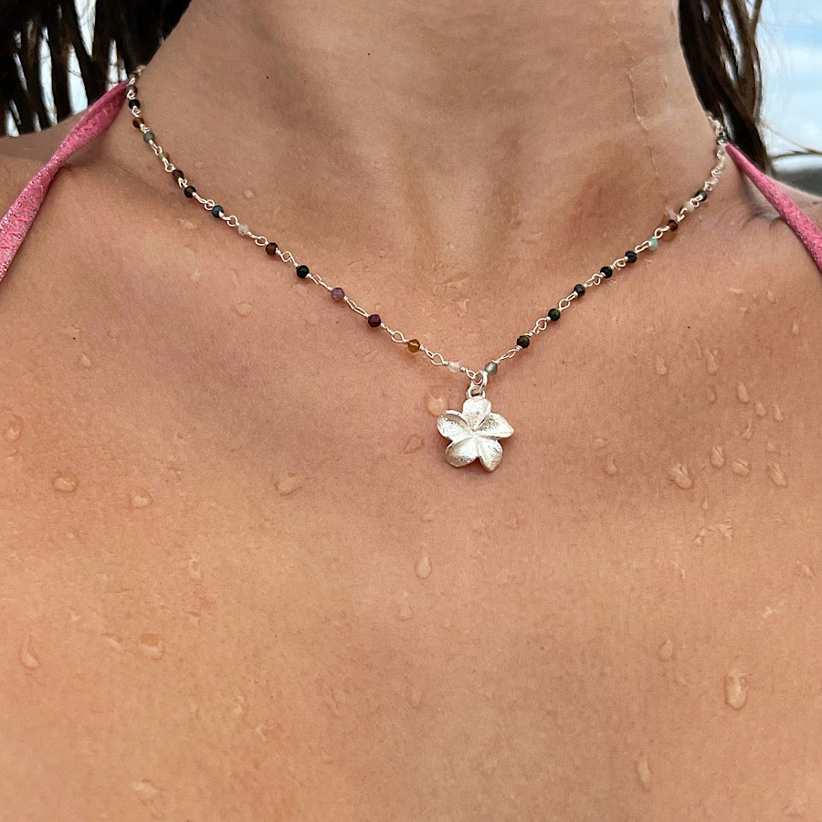 Sterling Silver frangipani pendant on handmade Tourmaline chain link necklace