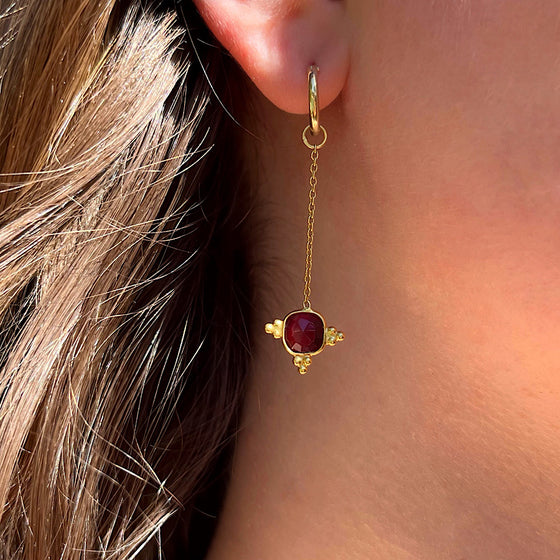Ruby Gemstone Earrings July birthstone with chain on Gold plated hoops