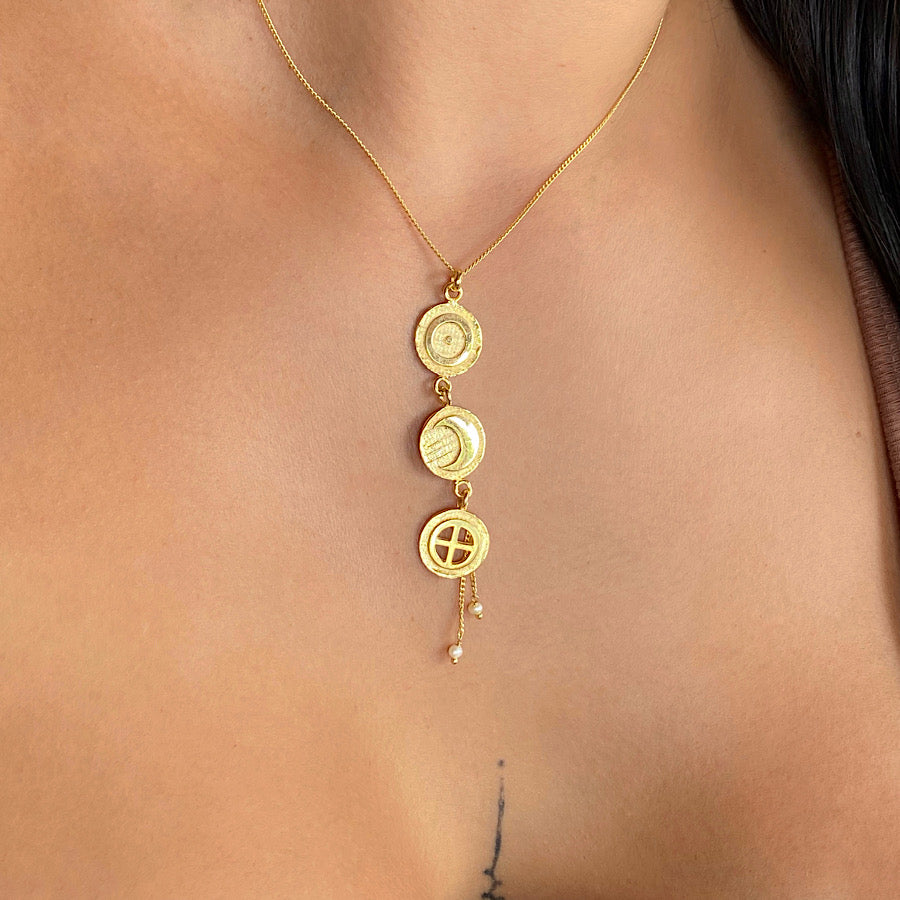 Cosmic symbols 18k Gold Sun Moon Earth linked yoga necklace with pearls