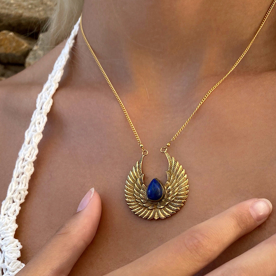 Isis Goddess Wings necklace 18k Gold pendant, Lapis Lazuli gemstone