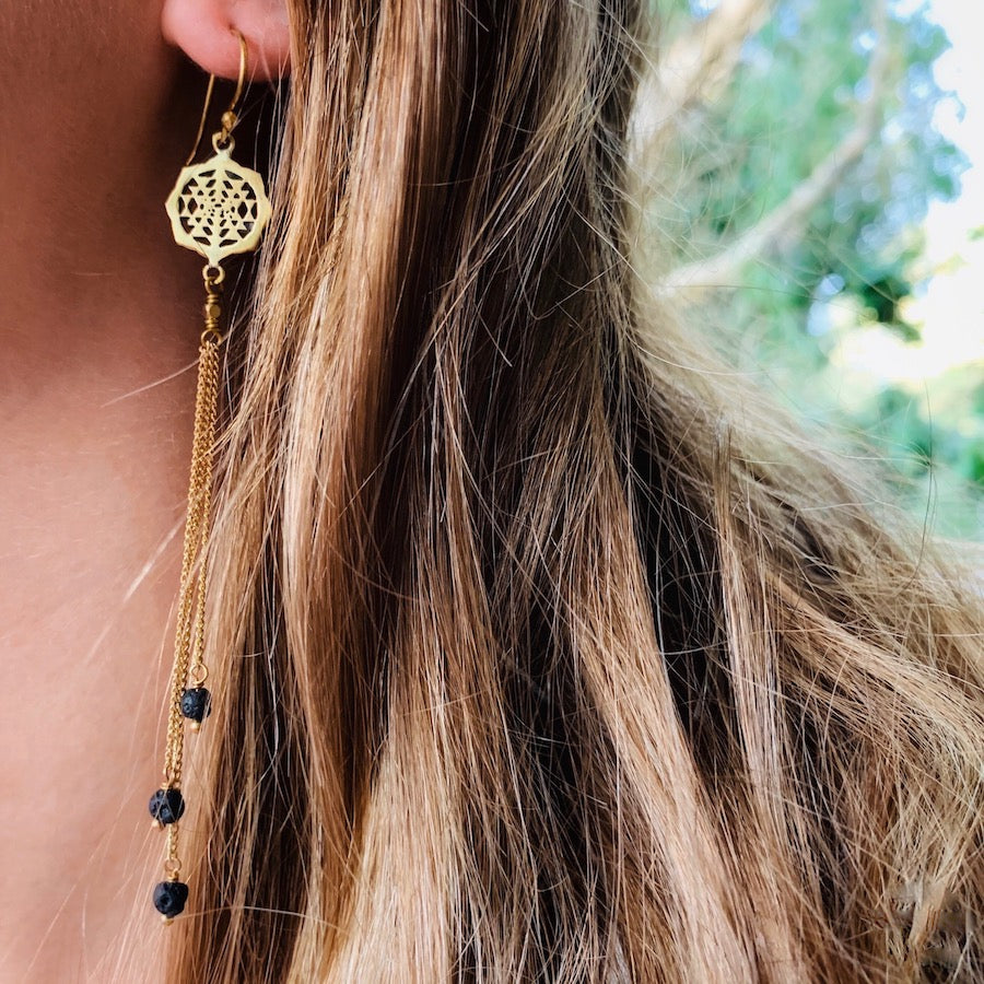 Sri Yantra Sacred Geometry Earrings brass chain & Lava Stone