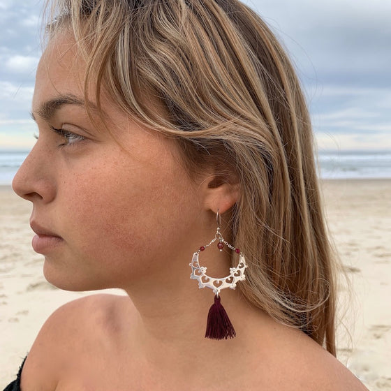 Silver Boho Tassel Earrings with Ruby Quartz