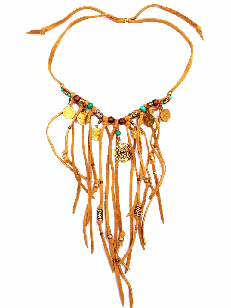 Tribal Boho Jewellery Suede Fringe Sri Yantra Necklace with Turquoise, Tigers Eye