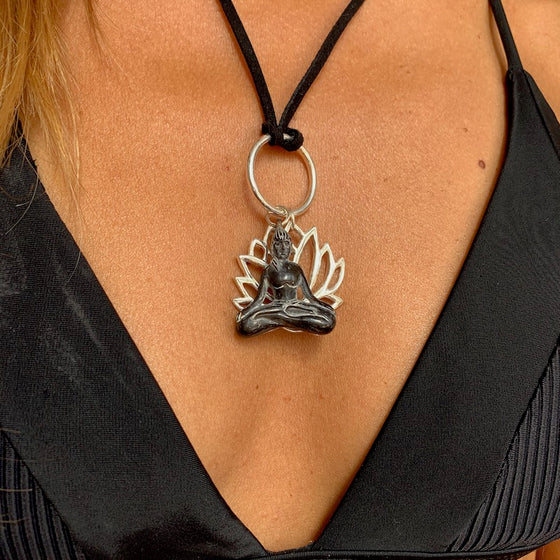 silver lotus & carved yogini pendant on leather Necklace
