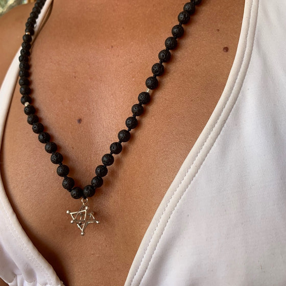 Lava Mala Prayer Beads Yoga Necklace silver Merkaba sacred geometry pendant