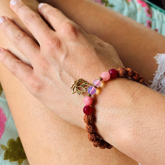 lotus wrist mala beads yoga bracelet, rudraksha, gemstones