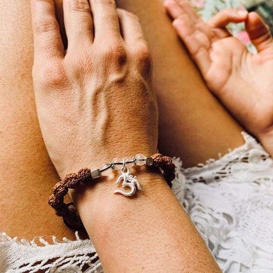 OM wrist Mala Beads yoga bracelet, rudraksha, clear quartz