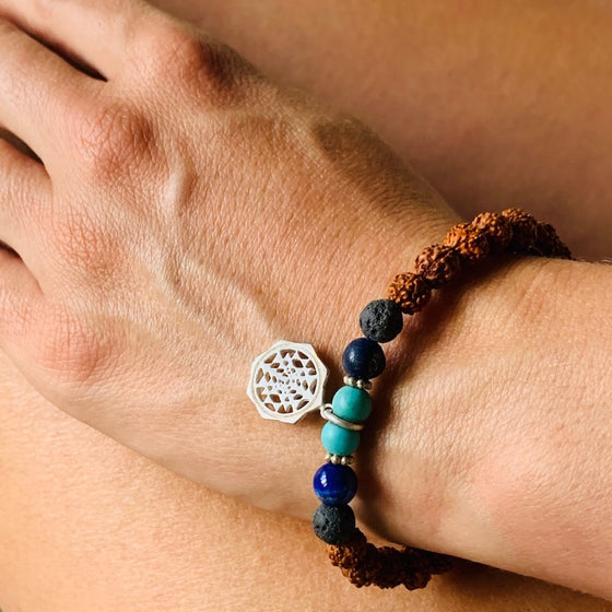 Sri yantra wrist mala bracelet, rudraksha, lava, lapis lazuli, turquoise