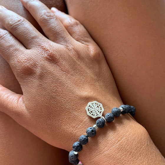 Lava Mala Beads Yoga Bracelet Silver Sri Yantra sacred geometry charm