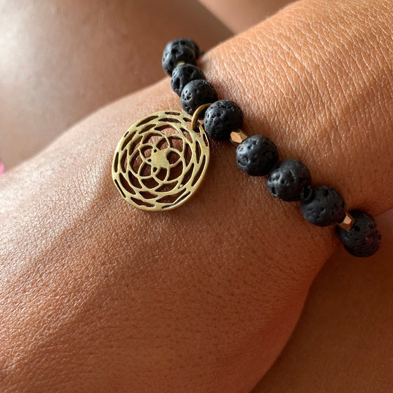 Lava Mala Beads Yoga Bracelet Brass Rose Of Venus sacred geometry charm