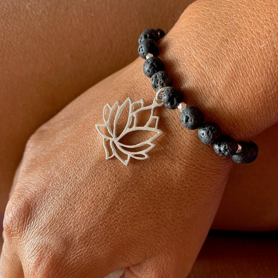 Lava Mala Beads Yoga Bracelet silver Lotus charm