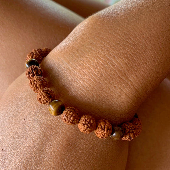 Wrist Mala Beads yoga bracelet, Tigers Eye, Rudraksha