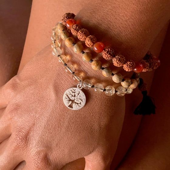 Tree Of Life wrist mala beads yoga bracelet set: Citrine, Carnerlian, jasper, Rudraksha