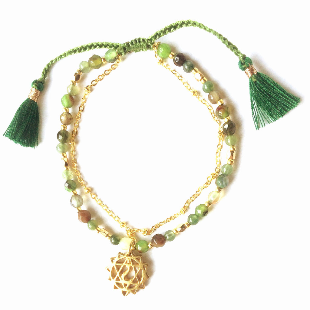 Heart Chakra Symbol Gemstone Yoga Bracelet Brass Chain
