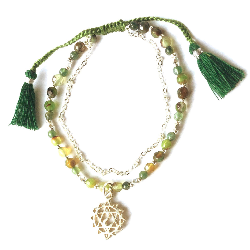 Heart Chakra Symbol Gemstone Yoga Bracelet Silver Chain
