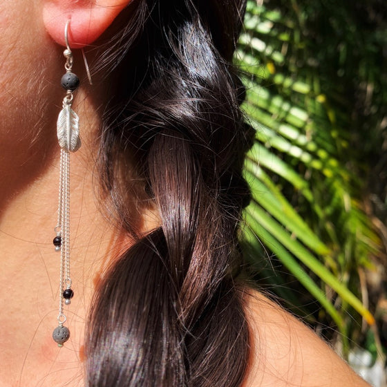 Feather Earrings silver chain & Lava Stone