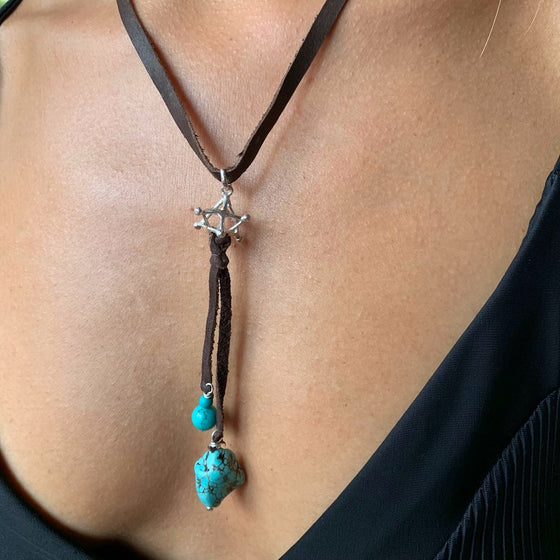 Silver Merkaba Sacred Geometry pendant & Turquoise Boho Suede necklace