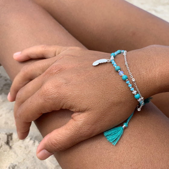 Yoga bracelet Turquoise handcrafted sterling silver feather charm