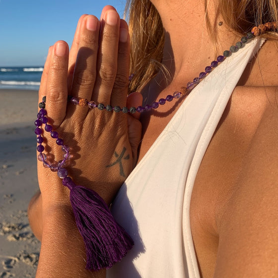 Mala prayer Beads yoga necklace handmade from amethyst, lava, rudraksha