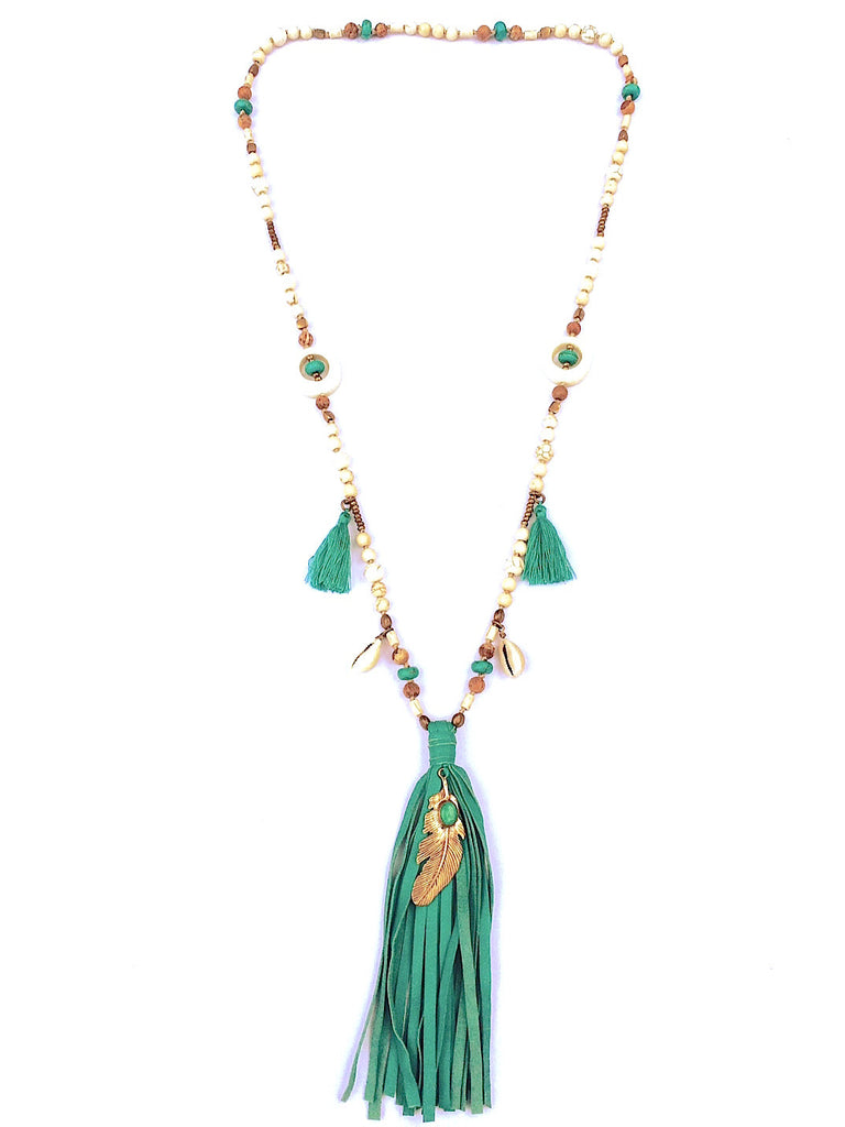 Feather Boho Mala Beads Yoga Necklace Turquoise, Howlite, Jasper, Rudraksha