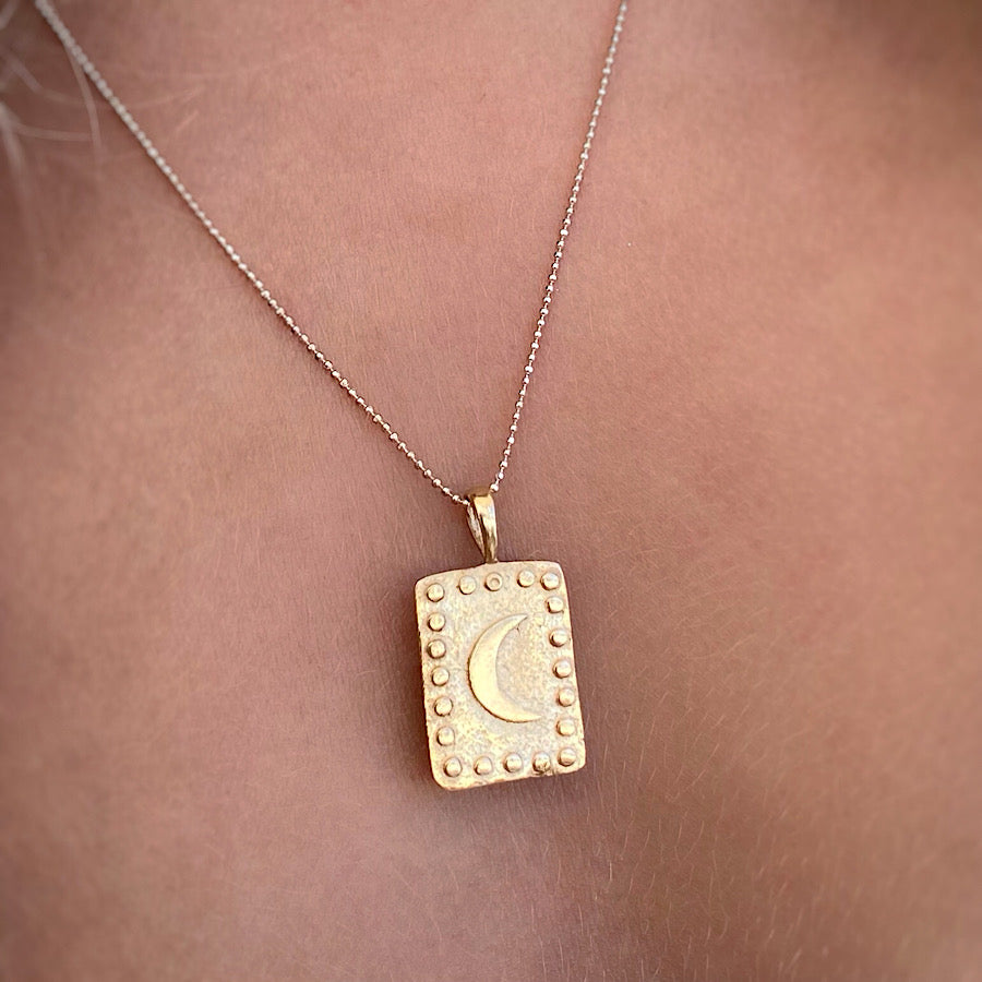Crescent Moon rectangle pendant 18k Gold necklace with pearls