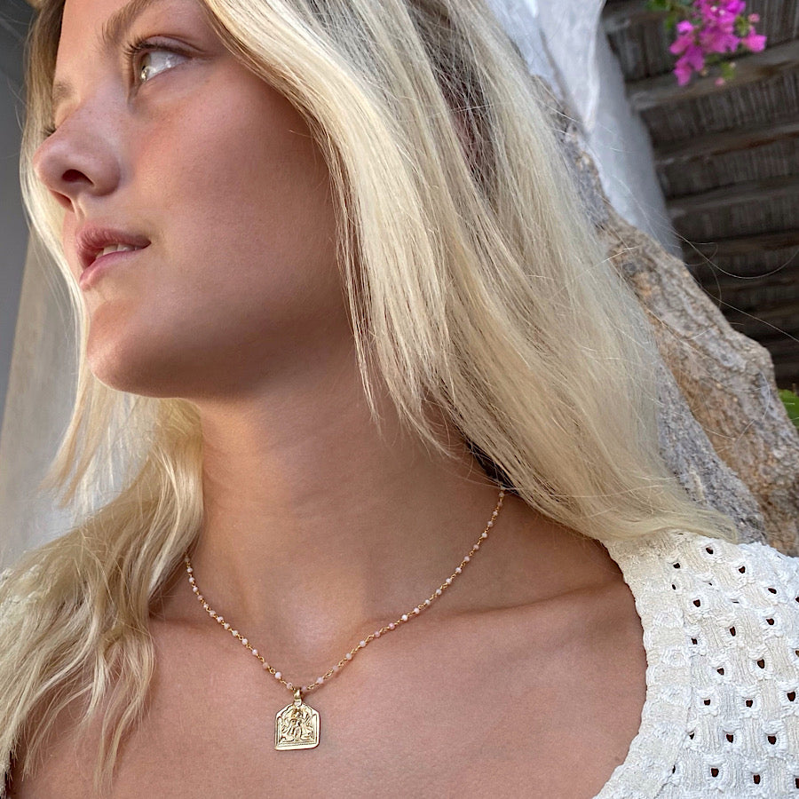 Goddess Lakshmi abundance necklace 18k Gold, handmade chain of Pink Opal gemstones