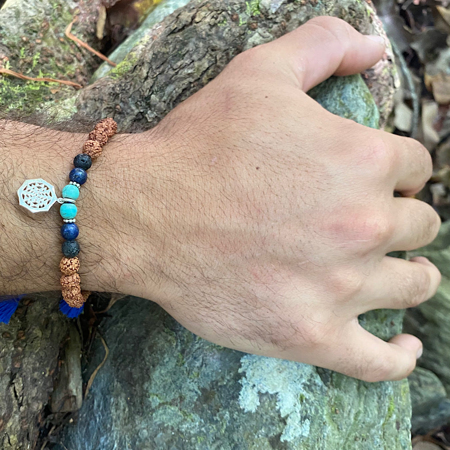 Sri yantra wrist mala mens yoga bracelet, rudraksha, lava, lapis lazuli, turquoise