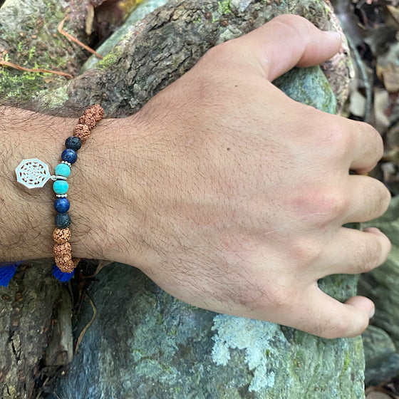 Sri yantra wrist mala mens yoga bracelet, rudraksha, lava, lapis lazuli, turquoise