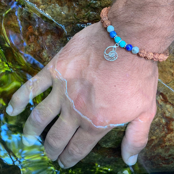 Nautilus shell wrist Mala Beads mens yoga bracelet, rudraksha, lapis lazuli, turquoise