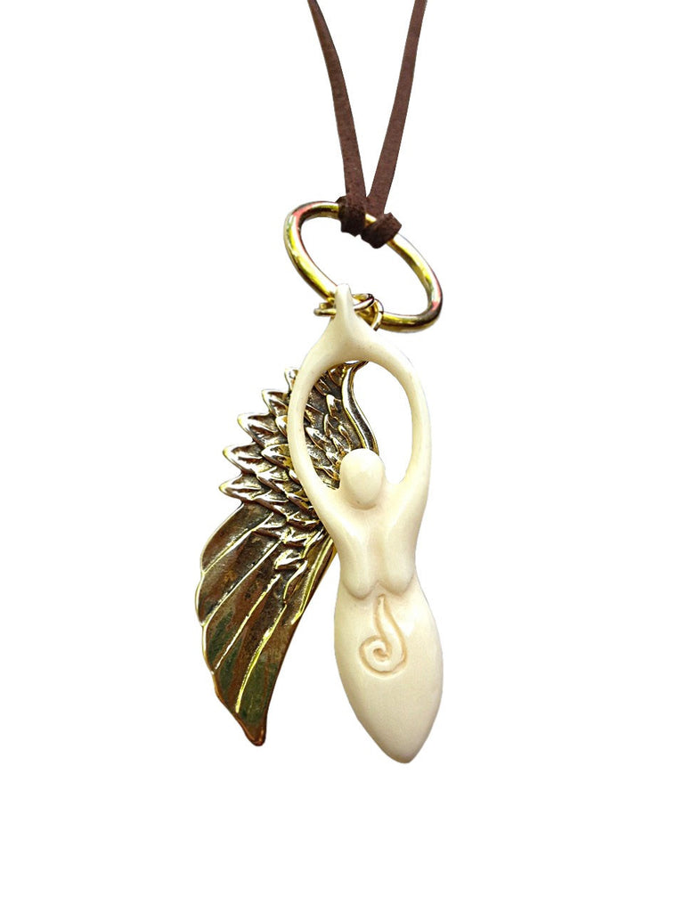brass angel wing & goddess charm on leather necklace