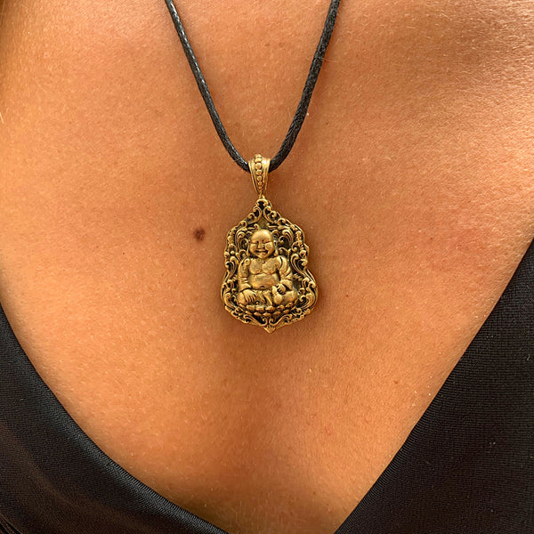 Laughing Buddha in lotus flower brass pendant necklace - Heart Mala Yoga  Jewellery