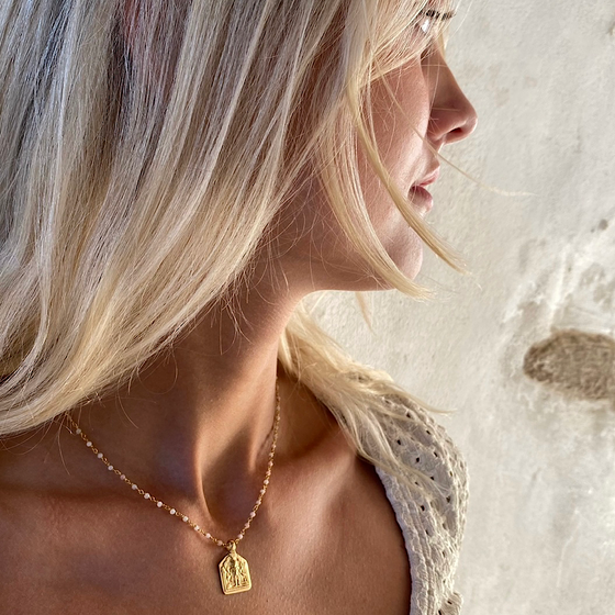 Goddess Lakshmi abundance necklace 18k Gold, handmade chain of Pink Opal gemstones