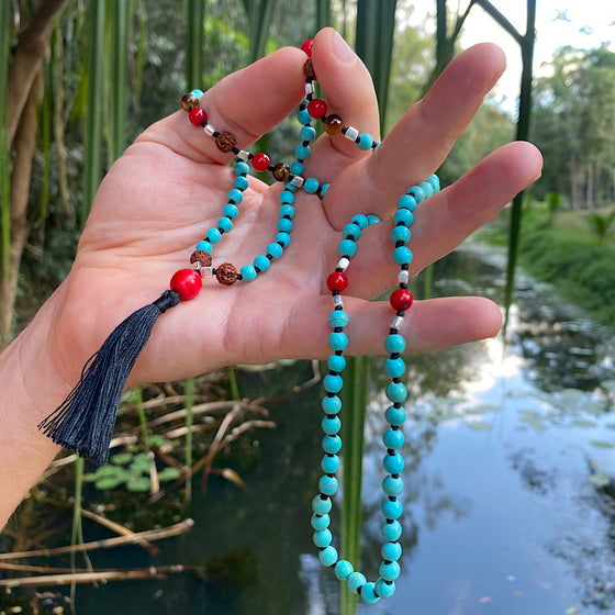 Mens Mala Beads Yoga necklace Turquoise, Red Coral & Tigers Eye