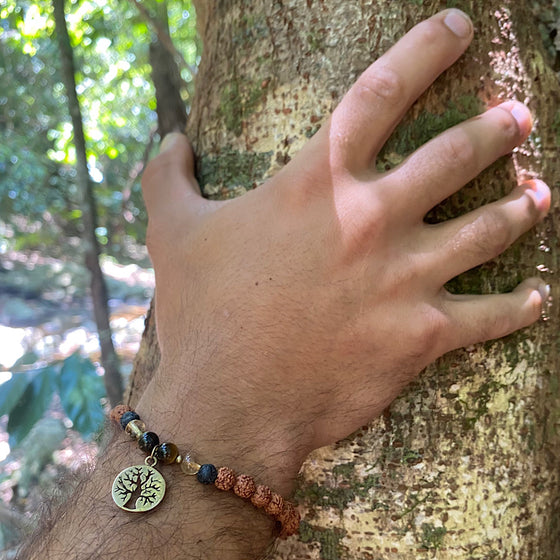 Tree of life wrist mala beads mens yoga bracelet, rudraksha, lava, citrine, tigers eye