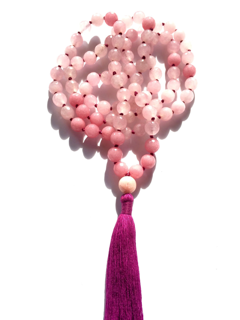 UNIVERSAL LOVE MALA BEADS yoga necklace handmade healing gemstones Rose Quartz, Rhodochrosite