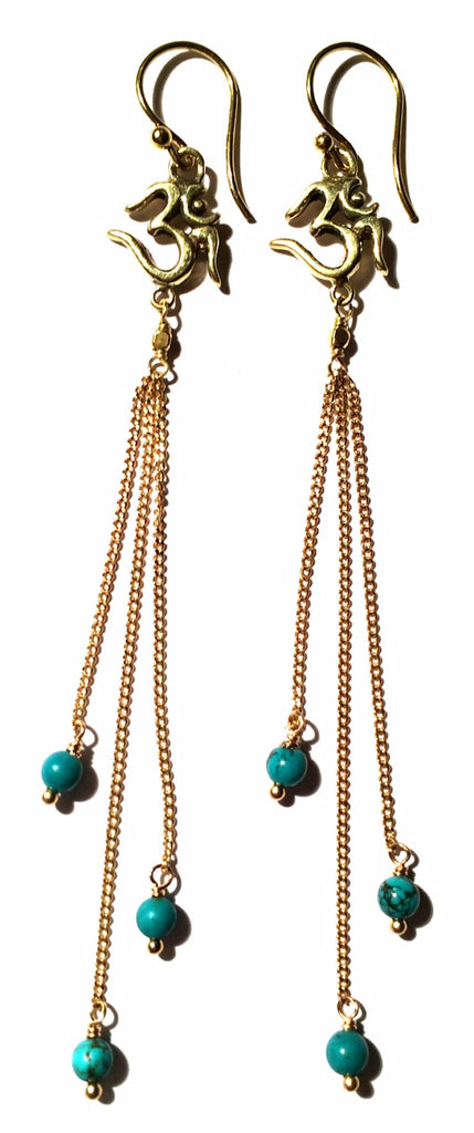 Om Earrings brass chain & Turquoise