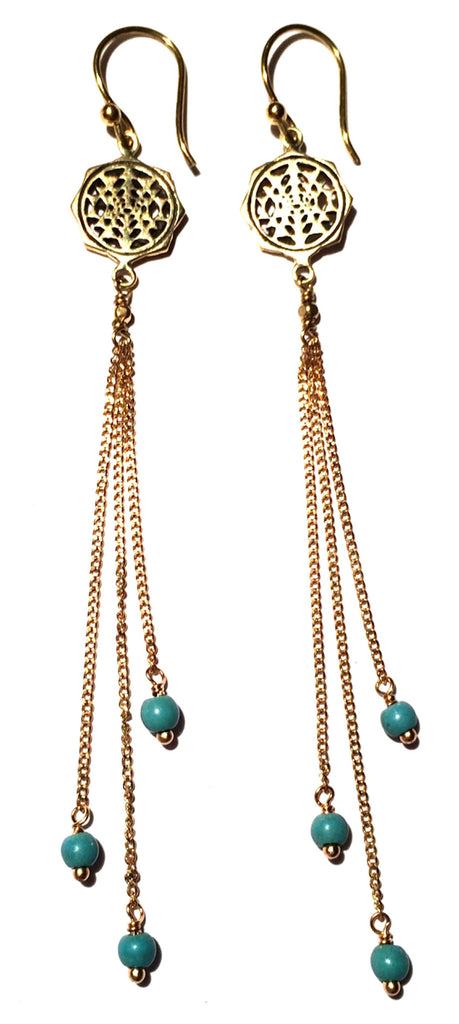 Sri Yantra Sacred Geometry Earrings brass chain & Turquoise