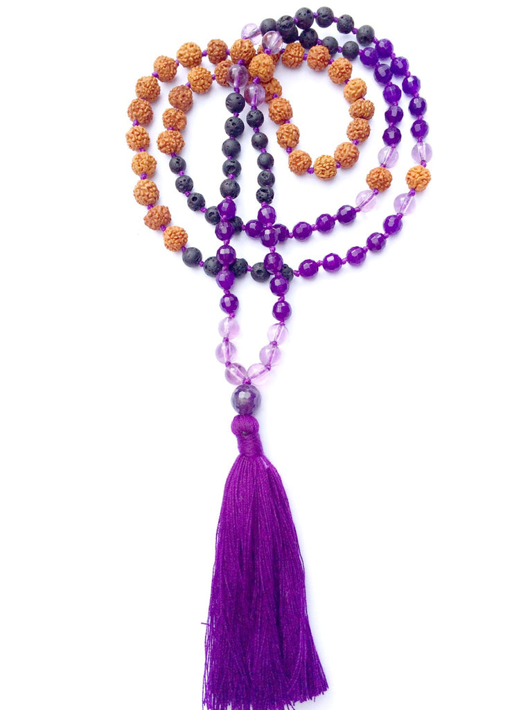 Mala prayer Beads yoga necklace handmade from amethyst, lava, rudraksha