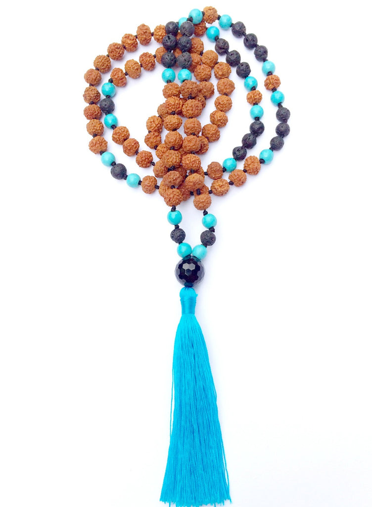 Mala prayer Beads yoga necklace handmade from Turquoise, Lava & Onyx, rudraksha