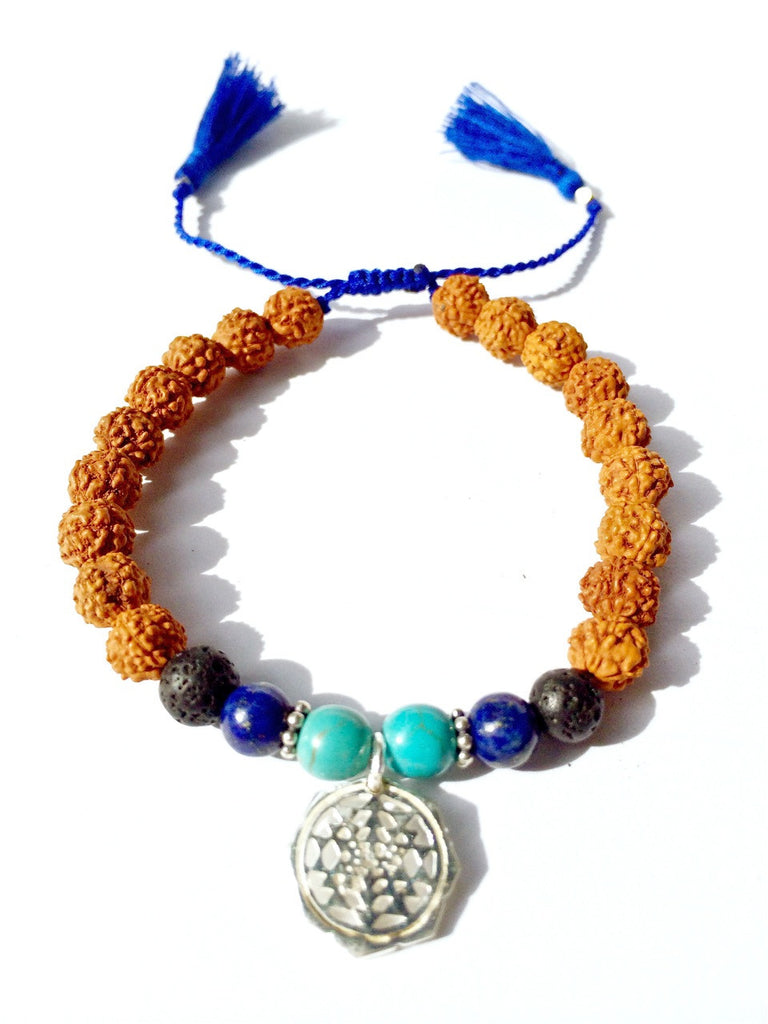 Sri yantra sacred geometry wrist mala bracelet, rudraksha, lava, lapis lazuli, turquoise