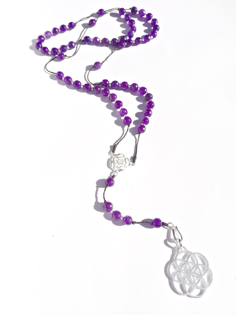 Amethyst Rosary beads, silver Seed Of Life Necklace