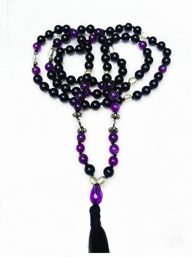 Amethyst & Onyx Mala Prayer Beads handmade gemstone yoga necklace