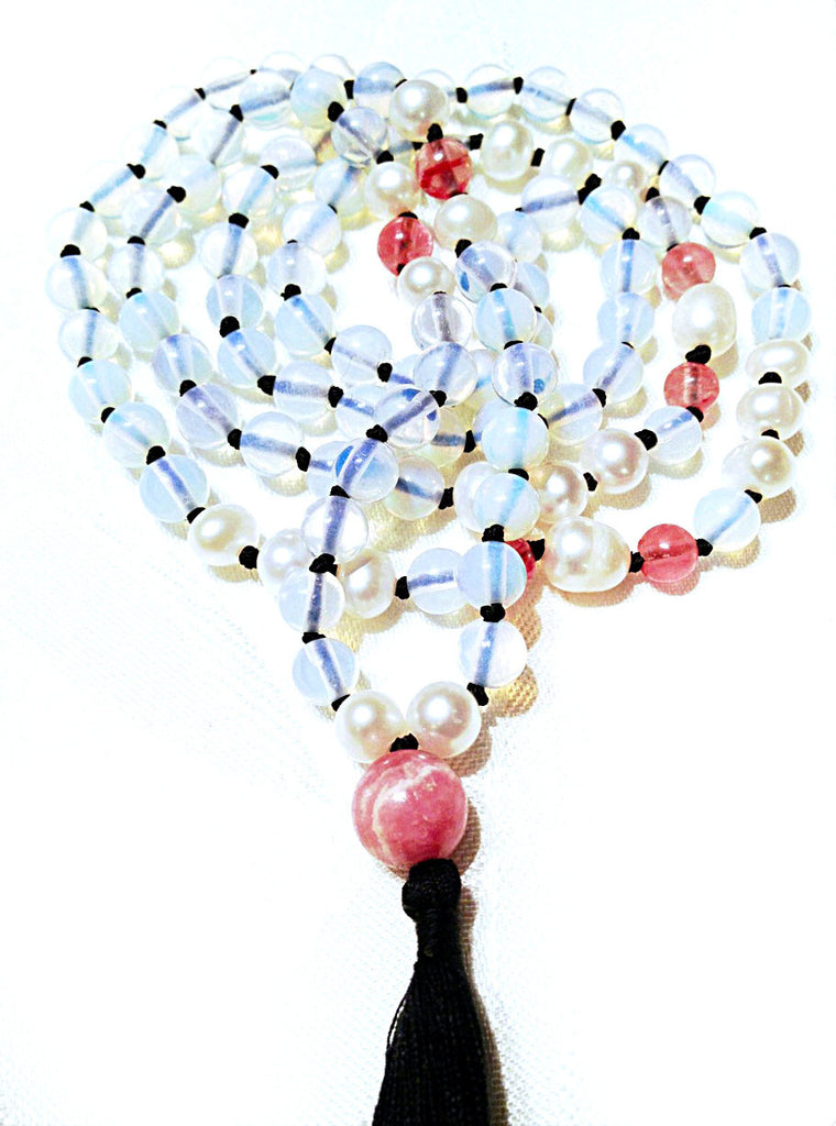 Yoga jewellery handmade Mala beads necklace moonstone,  pearl, Rhodochrosite
