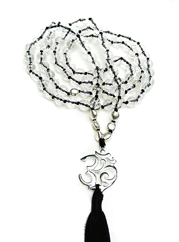 Mala prayer Beads yoga necklace handmade from Clear Quartz OM charm