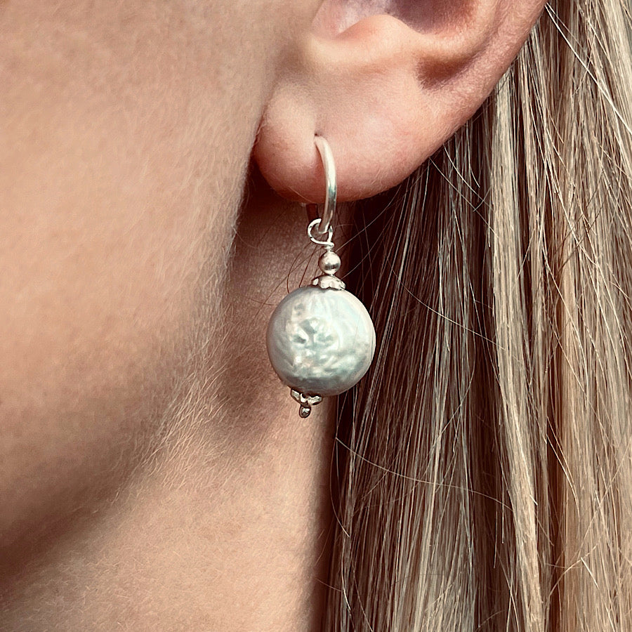 Large Pearl Disk Handmade Sterling Silver Loop Earrings