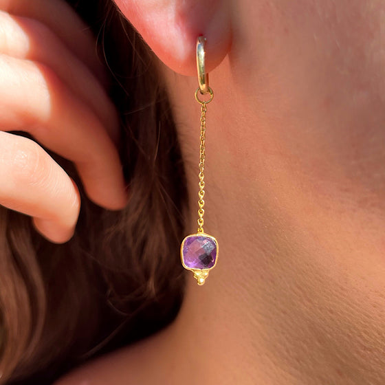 Amethyst Gemstone Earrings Feb birthstone with chain on Gold plated hoops