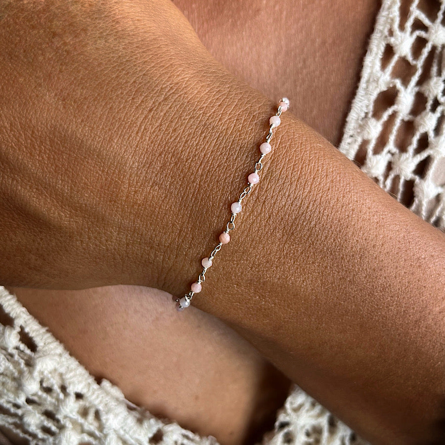 Pink Opal handmade chain link bracelet sterling silver